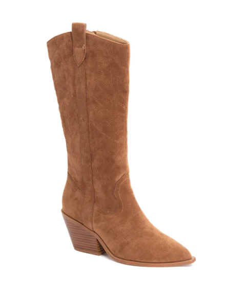 Wide Calf Cognac Suede Howdy Booties - Corkys
