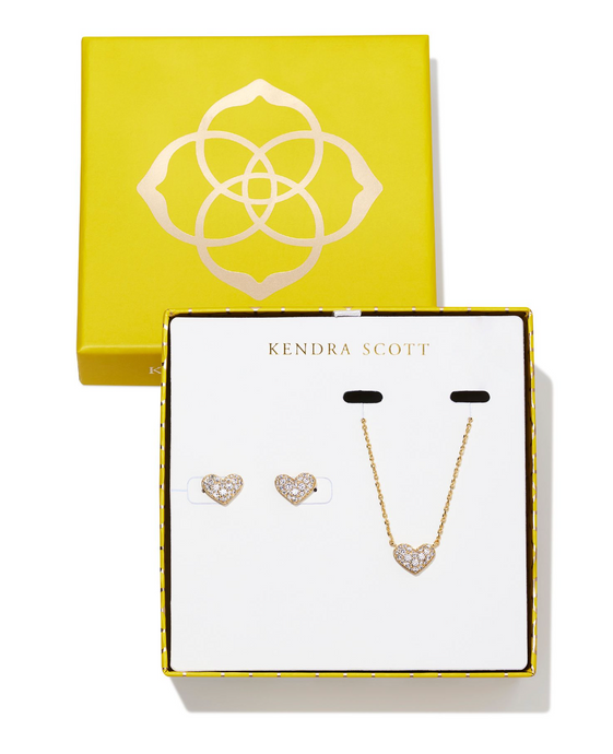 Ari Heart Gold Pave Crystal Pendant & Stud Gift Set in White Crystal - Kendra Scott