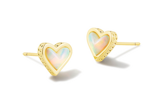 Framed Ari Heart Gold Studs in White Opalescent Resin - Kendra Scott