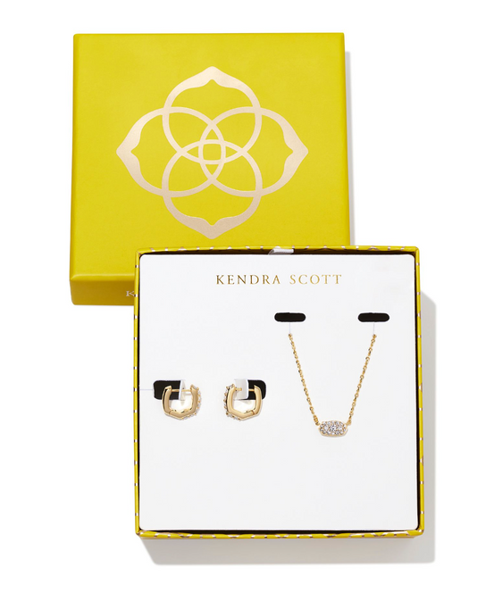 Grayson Gold Pendant & Huggie Gift Set in White Crystal - Kendra Scott