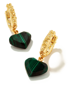 Penny Gold Heart Huggie Earrings in Green Malachite - Kendra Scott