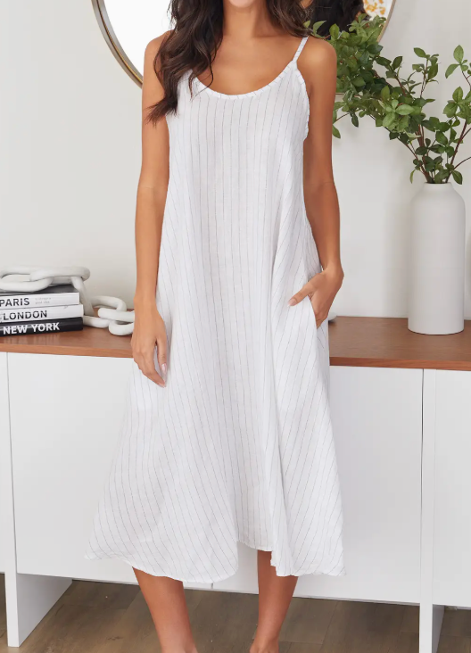 White Spaghetti Strap Pinstripe Linen Maxi Dress  Belle Lees Boutique