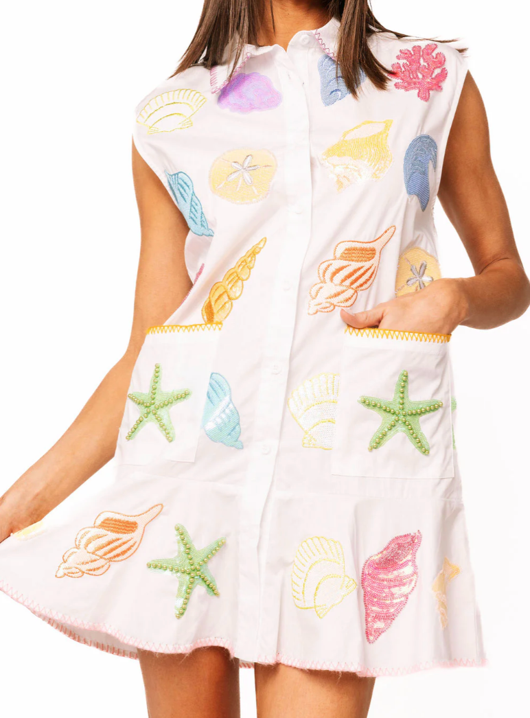 Queen of Sparkles White Multi Shell Cotton Button Up Tank Dress – Belle  Lees Boutique
