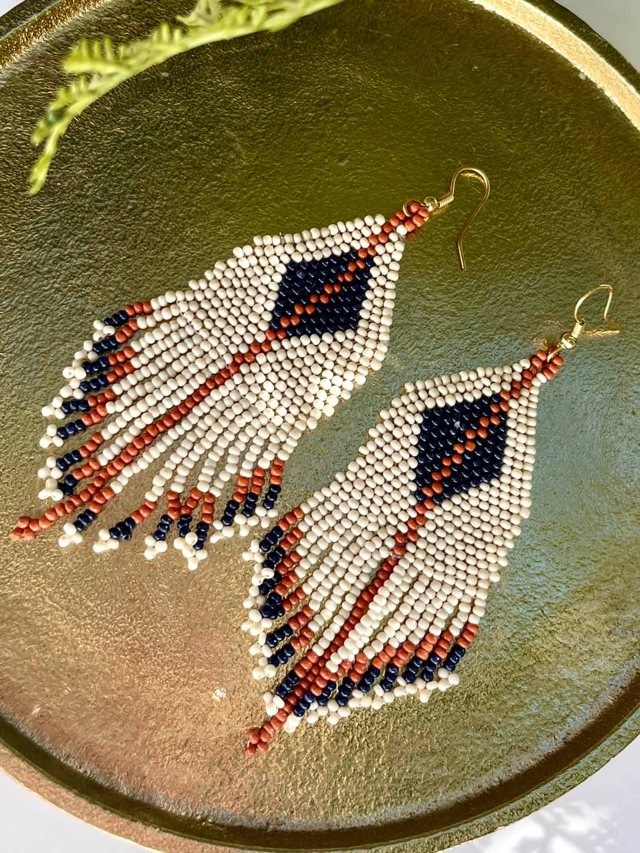 Riya Diamond & Stripe Seed Bead Fringe Boho Earrings
