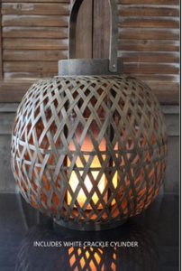 Wood Lattice Lantern With White Crackle Glass Cylinder