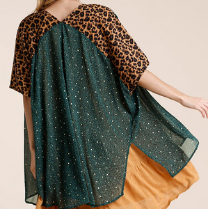 Forest Gold Flakes Detail Short Sleeve Drape Kimono