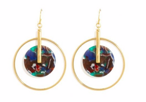 Marbled Round Acrylic in Open Circle With Gold Bar Earrings