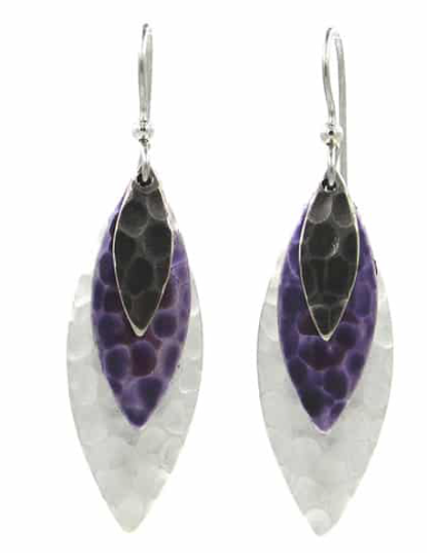 Silver Hammered Layered Purple Football Earrings