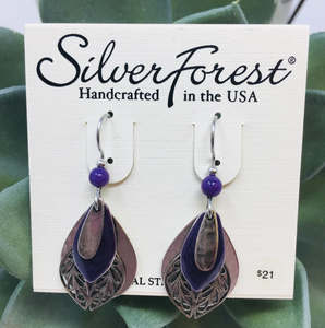 Silver Layered Shapes with Purple Fill Earrings - Silver Forest