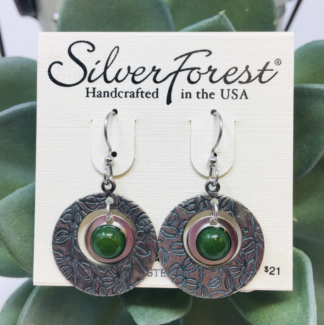 Green Stone In Textured Circle Earrings - Silver Forest