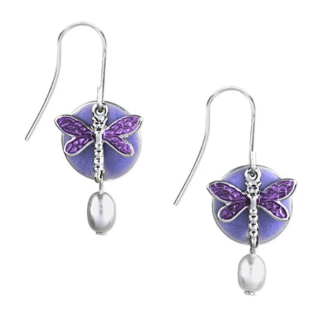 Silver Dragonfly On Purple Round W/ Drop Pearl Earrings - Silver Forest