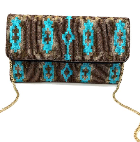 GOLD AND TURQUOISE IKAT PRINT BEADED CLUTCH