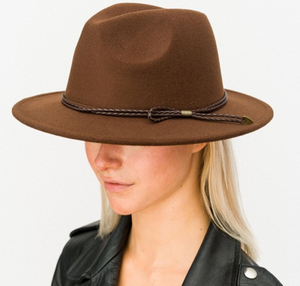 Felt Wide Brim Hat Featuring Thin Braided Leather Band