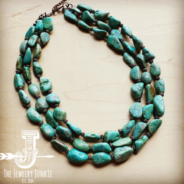 Large Triple Strand Natural Turquoise & Copper Collar Necklace