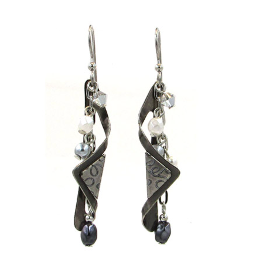 Neutral Beaded Metal Swirl Earrings - Silver Forest