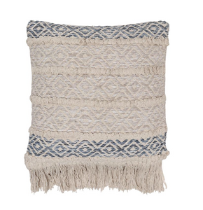 Natural & Blue Textured Cotton Throw Pillow with Tassels