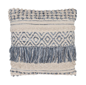 Patterned Natural & Blue Cotton Throw Pillow