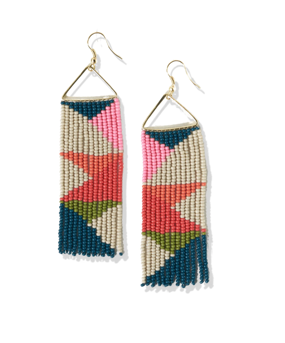 Peacock Pink Ivory Triangles On Triangle Earrings