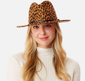 Felt Leopard Print Wide Brim Hat W/ Studded Leather Band