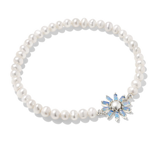 Madison Bright Silver Daisy Pearl Stretch Bracelet in Light Blue Opal Crystal - Kendra Scott