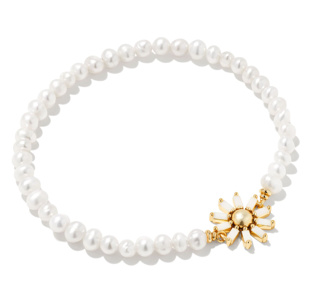 Madison Gold Daisy Pearl Stretch Bracelet in White Opaque Glass - Kendra Scott