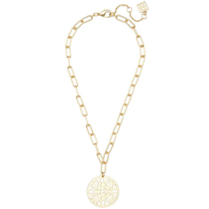 Matte Gold Emblem Pendant And Chain Collar Necklace: