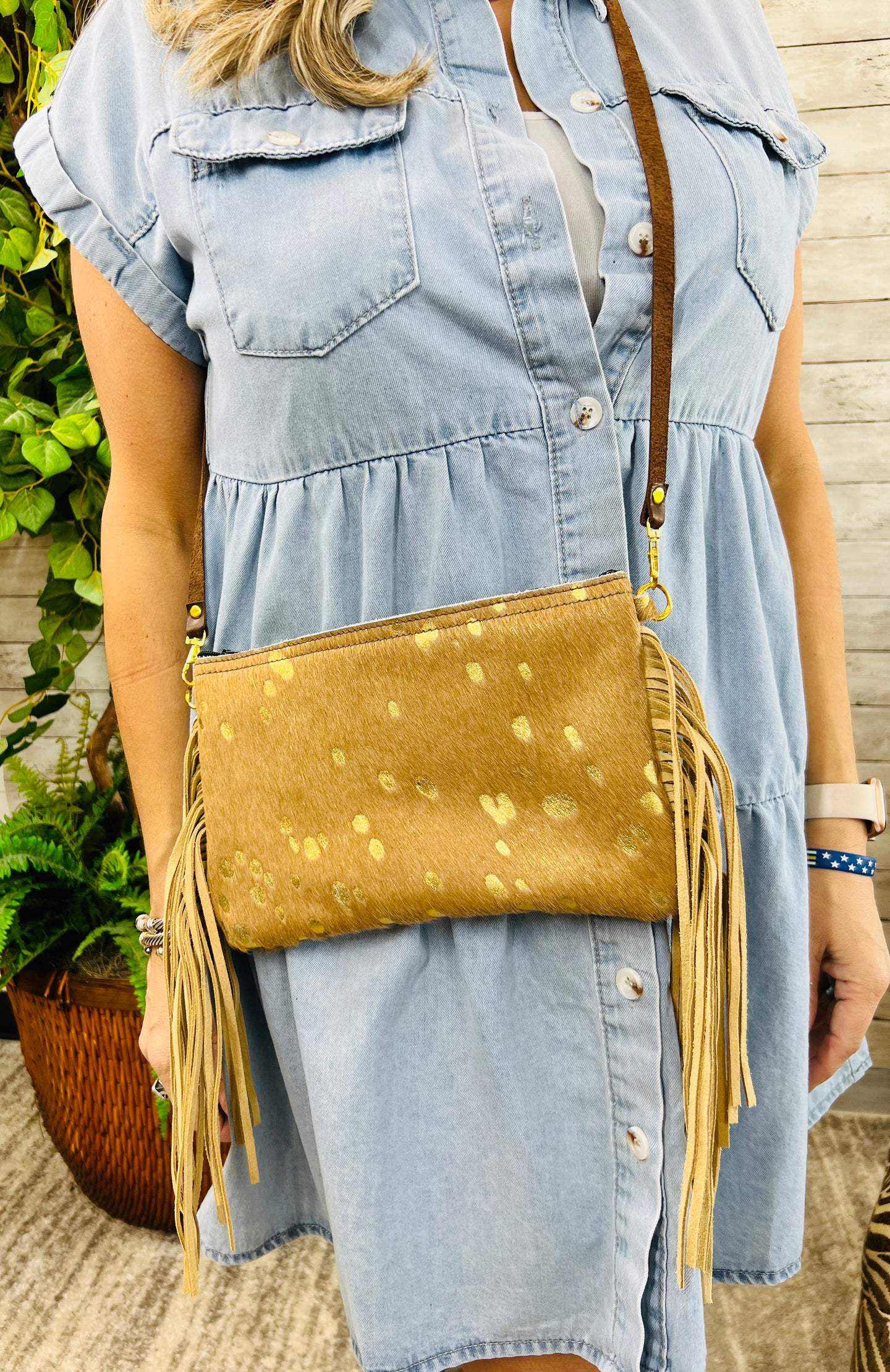 Tan and Gold Leather Crossbody