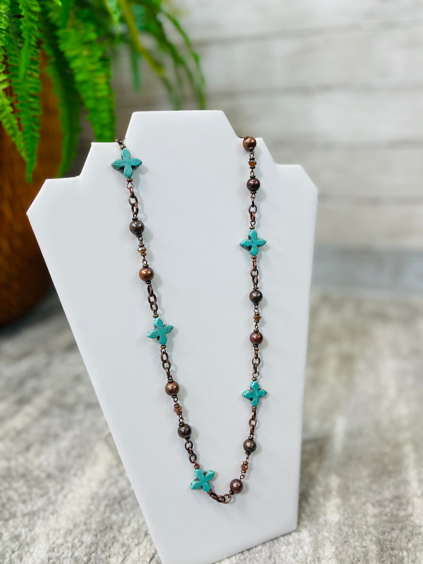 Turquoise Stone Beaded Cross Necklace
