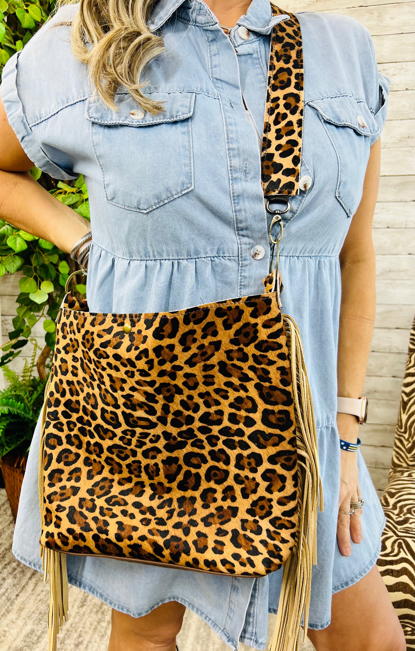 Tejas Leather Bucket Leopard Handbag W/ Tan Fringe