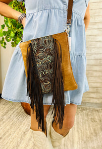 Hair-on-hide W/ Center Turquoise Floral Crossbody Handbag