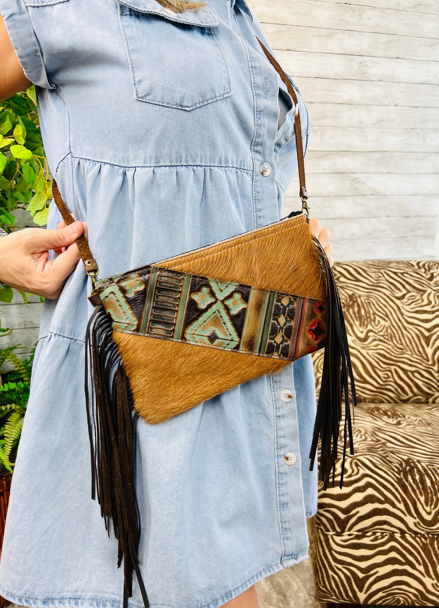 Hair on Hide W/ Leather Fringe Navajo Side Accent Crossbody